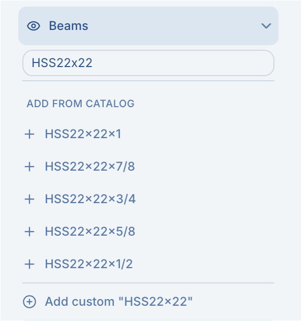 Search material catalog and add a known beam member