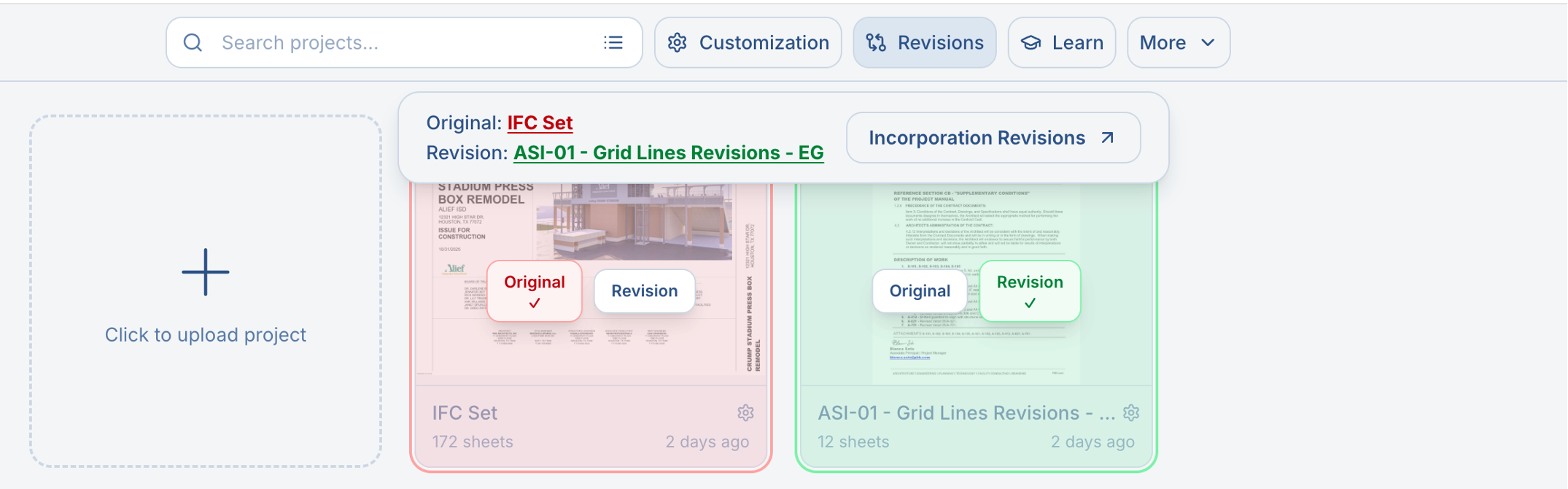 Start incorporation revisions from selected projects